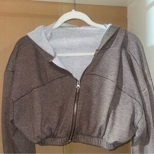 ROMWE Light Brown Cropped Zip Up Scrunch Jacket with Hood